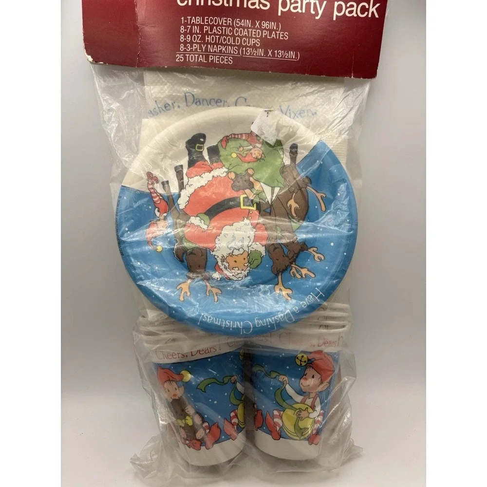 American Greetings Vtg Christmas Party Pack PlatesCupsTableCloth 1984 Santa Deer